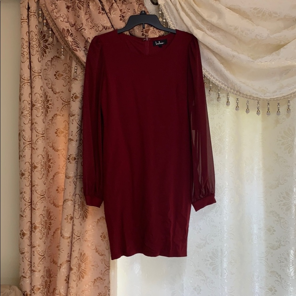 Burgundy, sheer sleeve mini dress